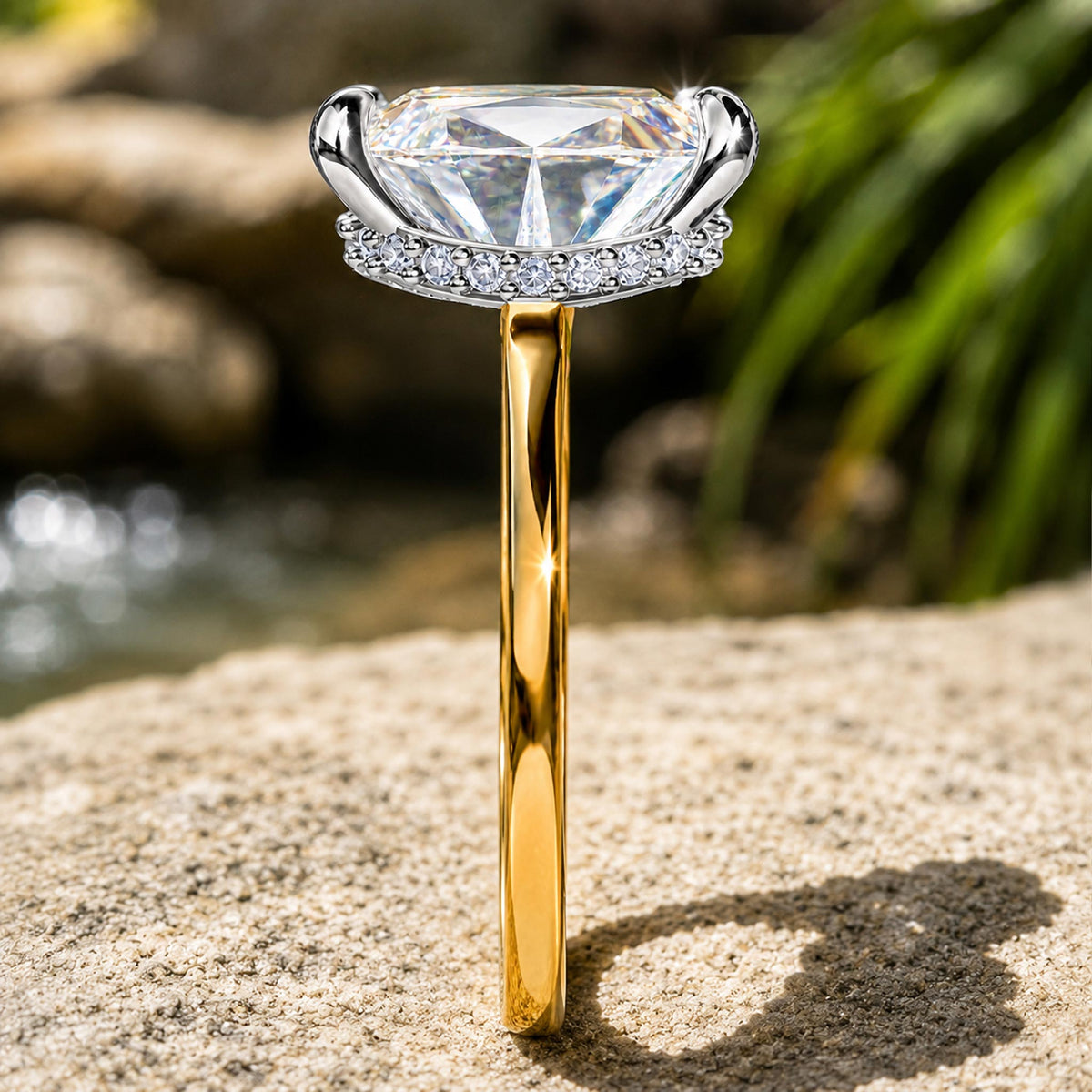 Hidden Halo Modern Design Cushion Cut Moissanite Cathedral Basket Tapered Shank Polished Engagement Ring With Round Cut Accent Stones #MCERM060