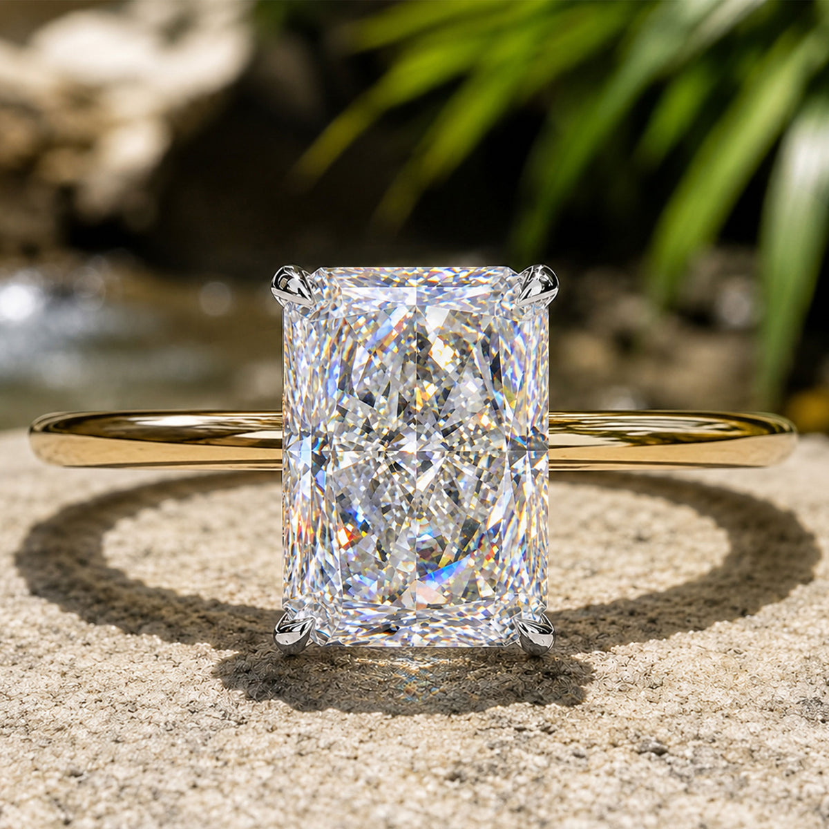 4CT Hidden Halo Modern Design Radiant Cut Moissanite Split Shank Polished Engagement Rings With Round Cut Accent Moissanites #MCERM061