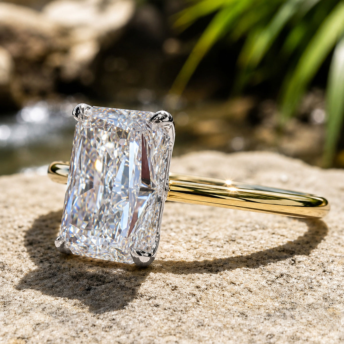 4CT Hidden Halo Modern Design Radiant Cut Moissanite Split Shank Polished Engagement Rings With Round Cut Accent Moissanites #MCERM061