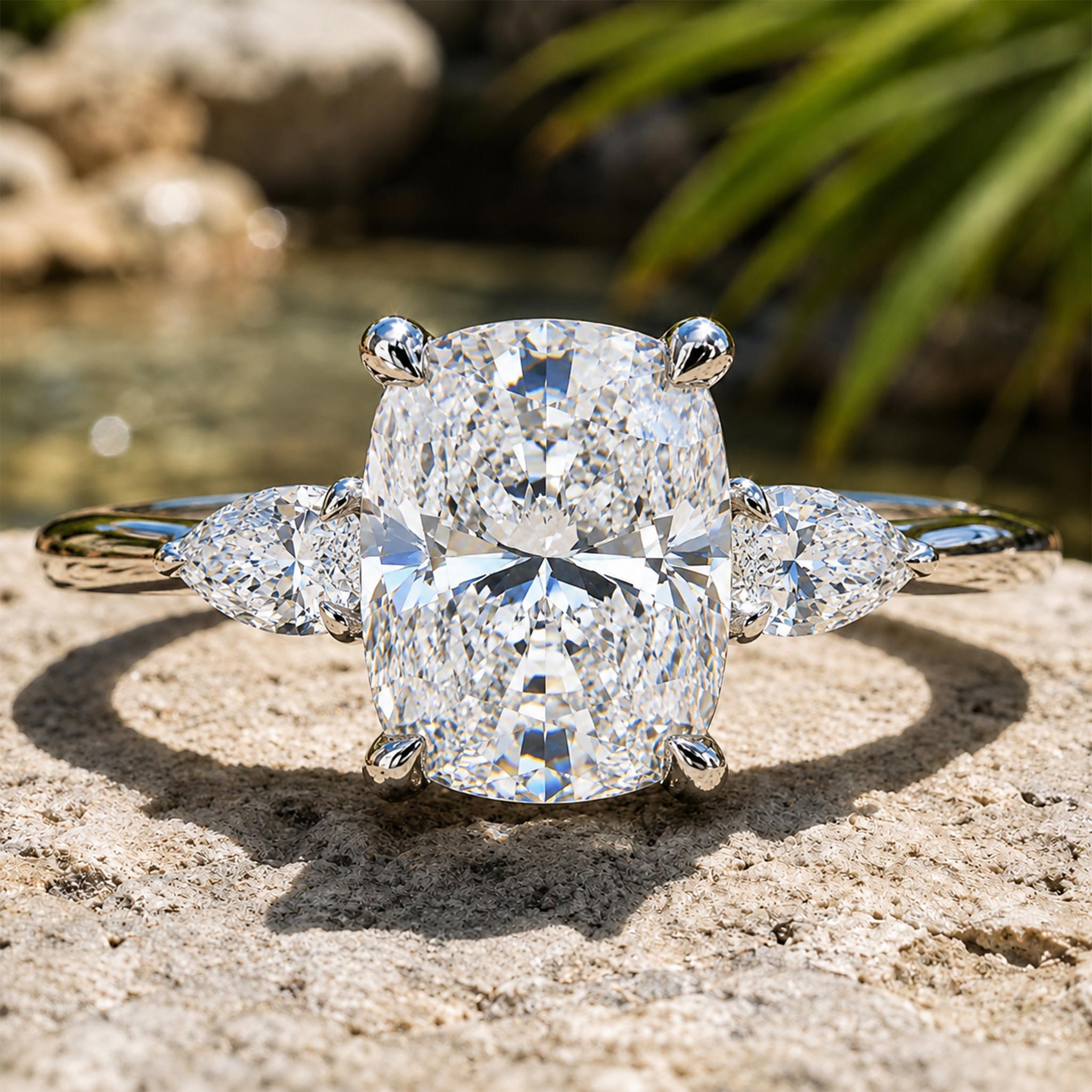 Three Stones Modern Minimalist Design Cushion Cut Moissanite Cathedral Basket Tapered Shank Polished Engagement Ring With Pear Cut Accents Stones #MCERM062