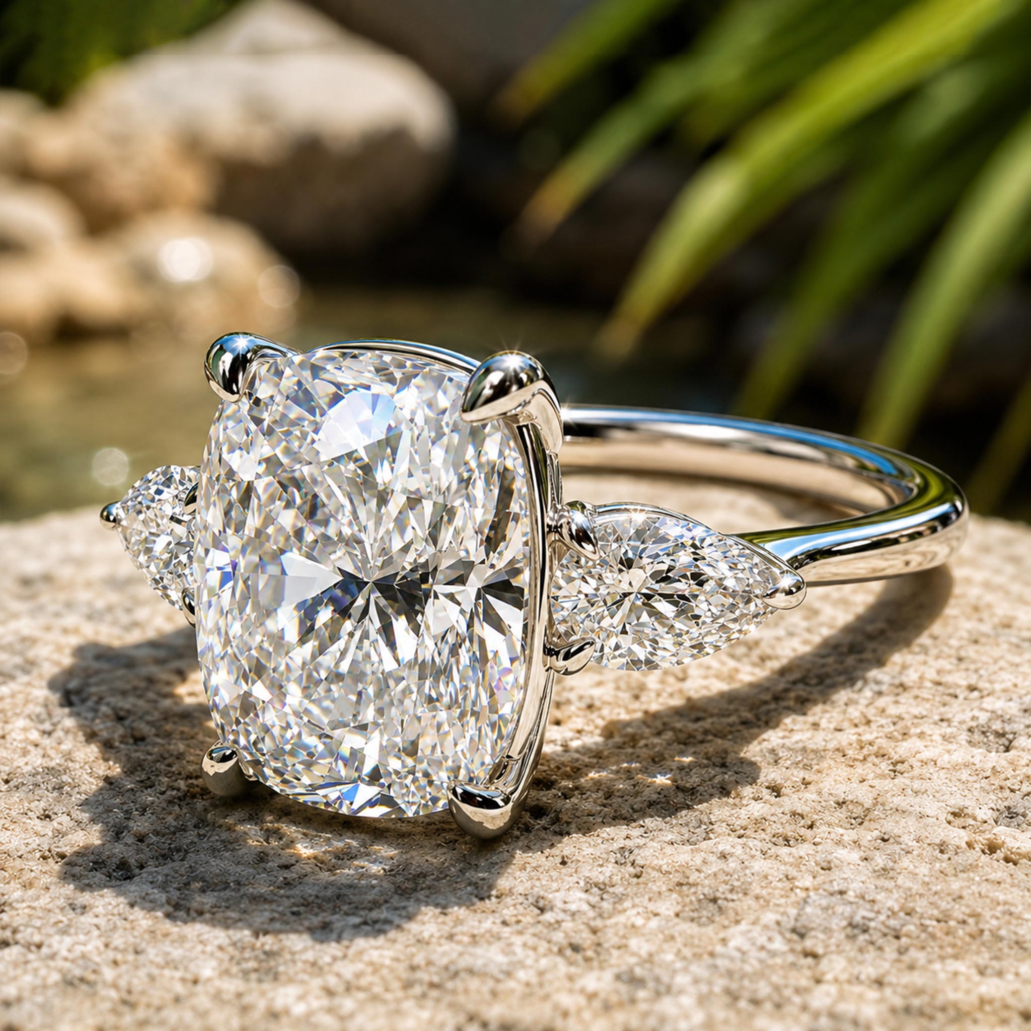 Three Stones Modern Minimalist Design Cushion Cut Moissanite Cathedral Basket Tapered Shank Polished Engagement Ring With Pear Cut Accents Stones #MCERM062