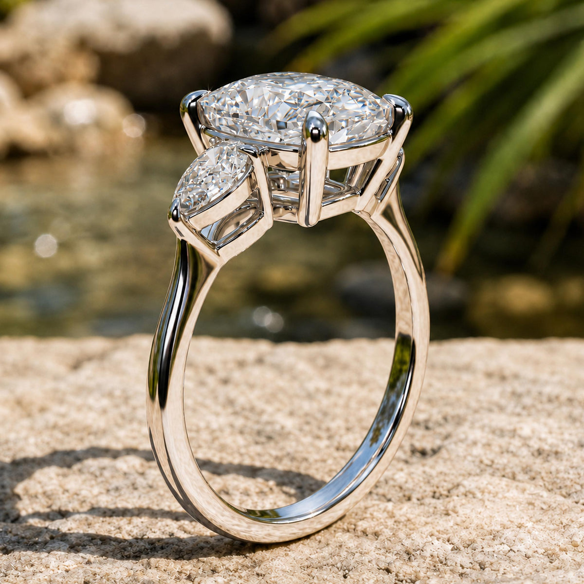 Three Stones Modern Minimalist Design Cushion Cut Moissanite Cathedral Basket Tapered Shank Polished Engagement Ring With Pear Cut Accents Stones #MCERM062