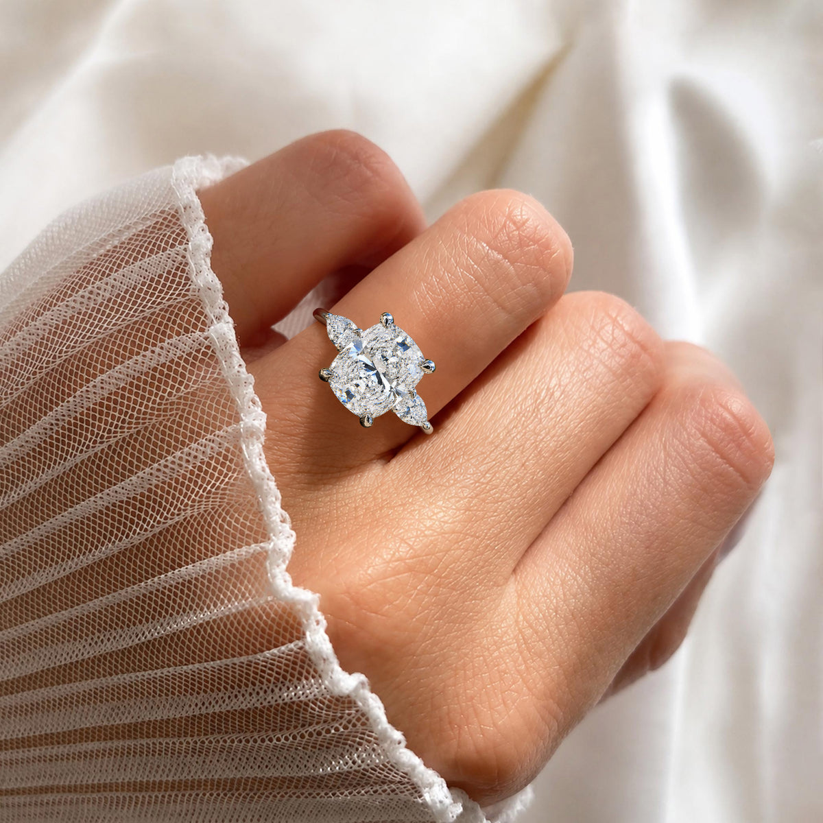 Three Stones Modern Minimalist Design Cushion Cut Moissanite Cathedral Basket Tapered Shank Polished Engagement Ring With Pear Cut Accents Stones #MCERM062