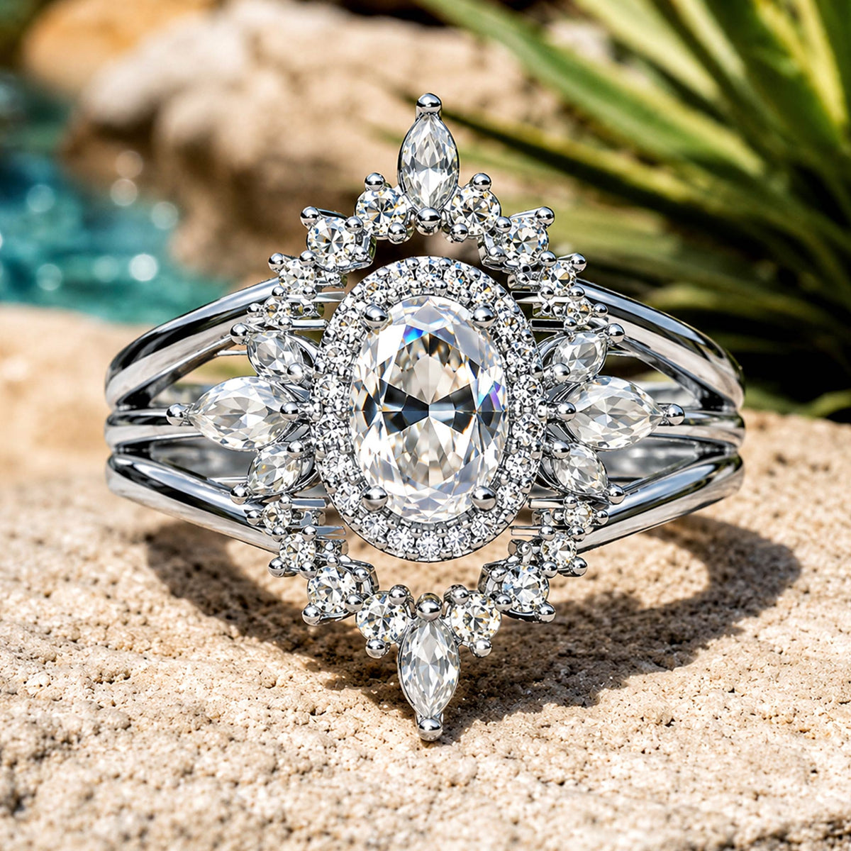 Halo Vintage Art Deco Design Oval Cut Moissanite Standard Basket Split Shank Polished Engagement Ring With Round Cut Marquise Cut Accent Stones #MCERM063