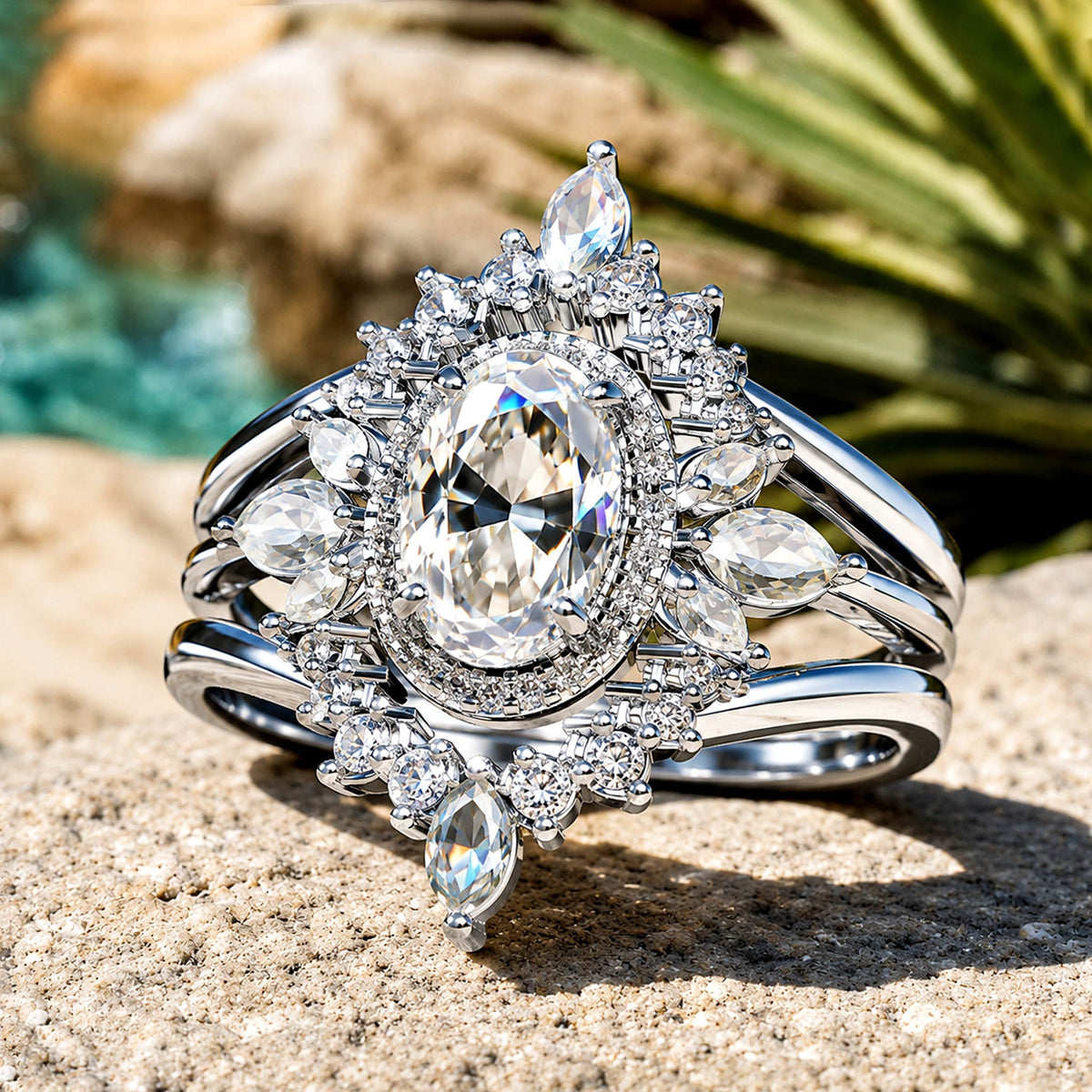 Halo Vintage Art Deco Design Oval Cut Moissanite Standard Basket Split Shank Polished Engagement Ring With Round Cut Marquise Cut Accent Stones #MCERM063