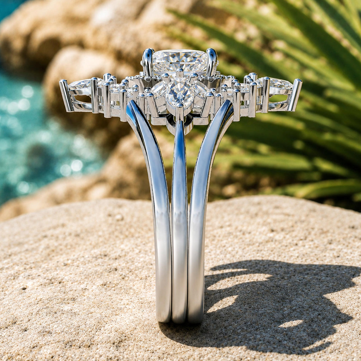 Halo Vintage Art Deco Design Oval Cut Moissanite Standard Basket Split Shank Polished Engagement Ring With Round Cut Marquise Cut Accent Stones #MCERM063