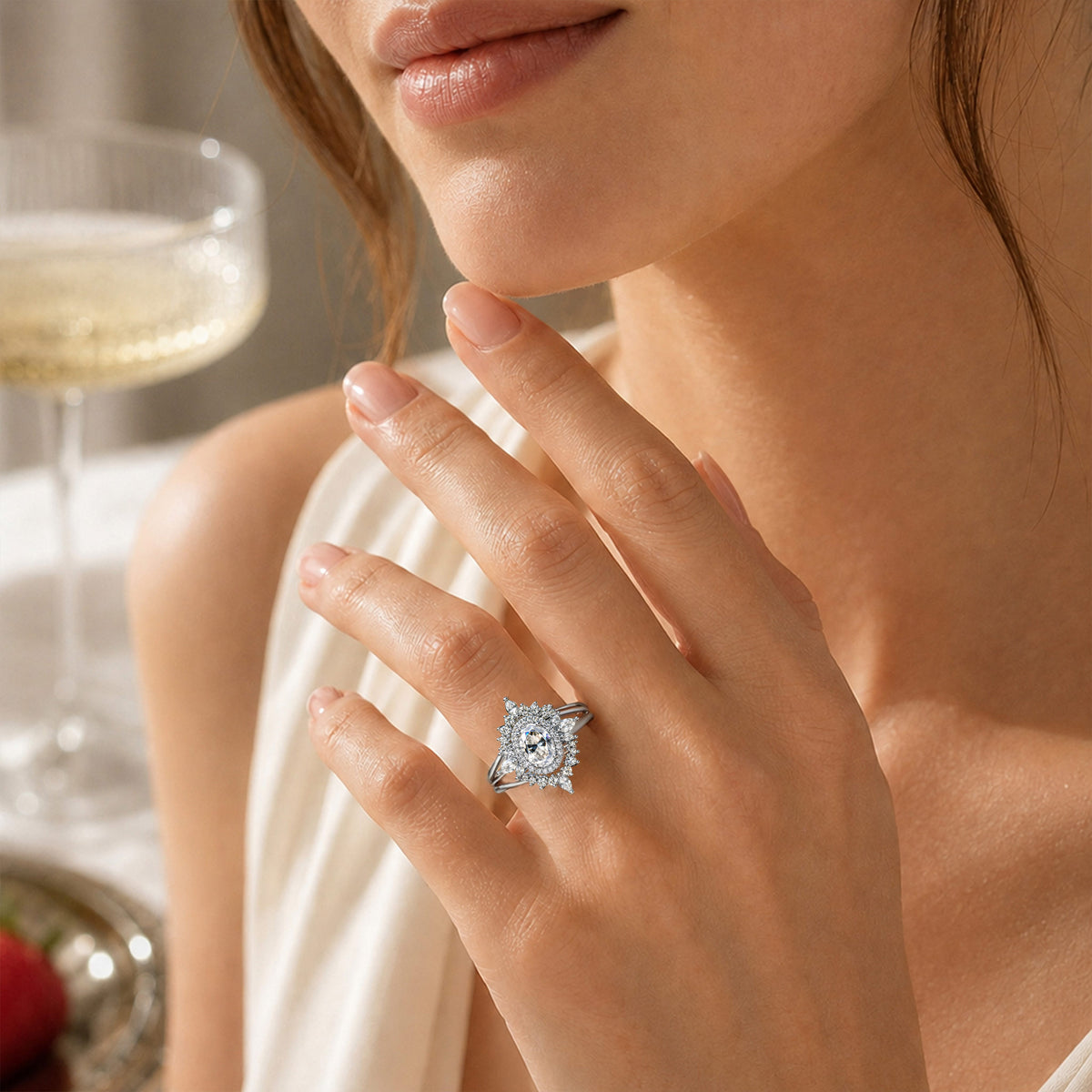 Halo Vintage Art Deco Design Oval Cut Moissanite Standard Basket Split Shank Polished Engagement Ring With Round Cut Marquise Cut Accent Stones #MCERM063