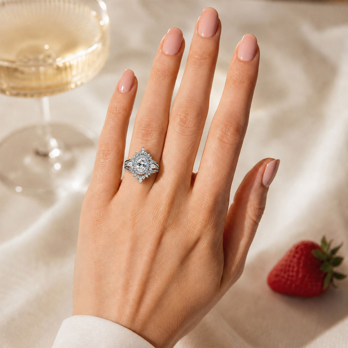 Halo Vintage Art Deco Design Oval Cut Moissanite Standard Basket Split Shank Polished Engagement Ring With Round Cut Marquise Cut Accent Stones #MCERM063
