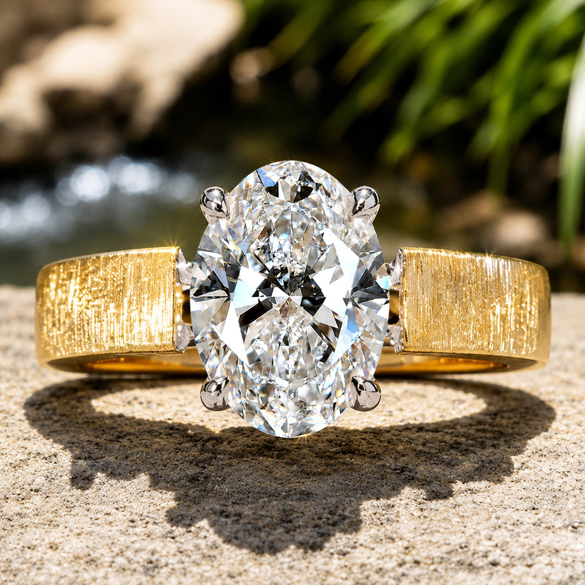 Solitaire Modern Design Oval Cut Moissanite Center Stone Hand Brushed Finish Engagement Ring #MCERM067