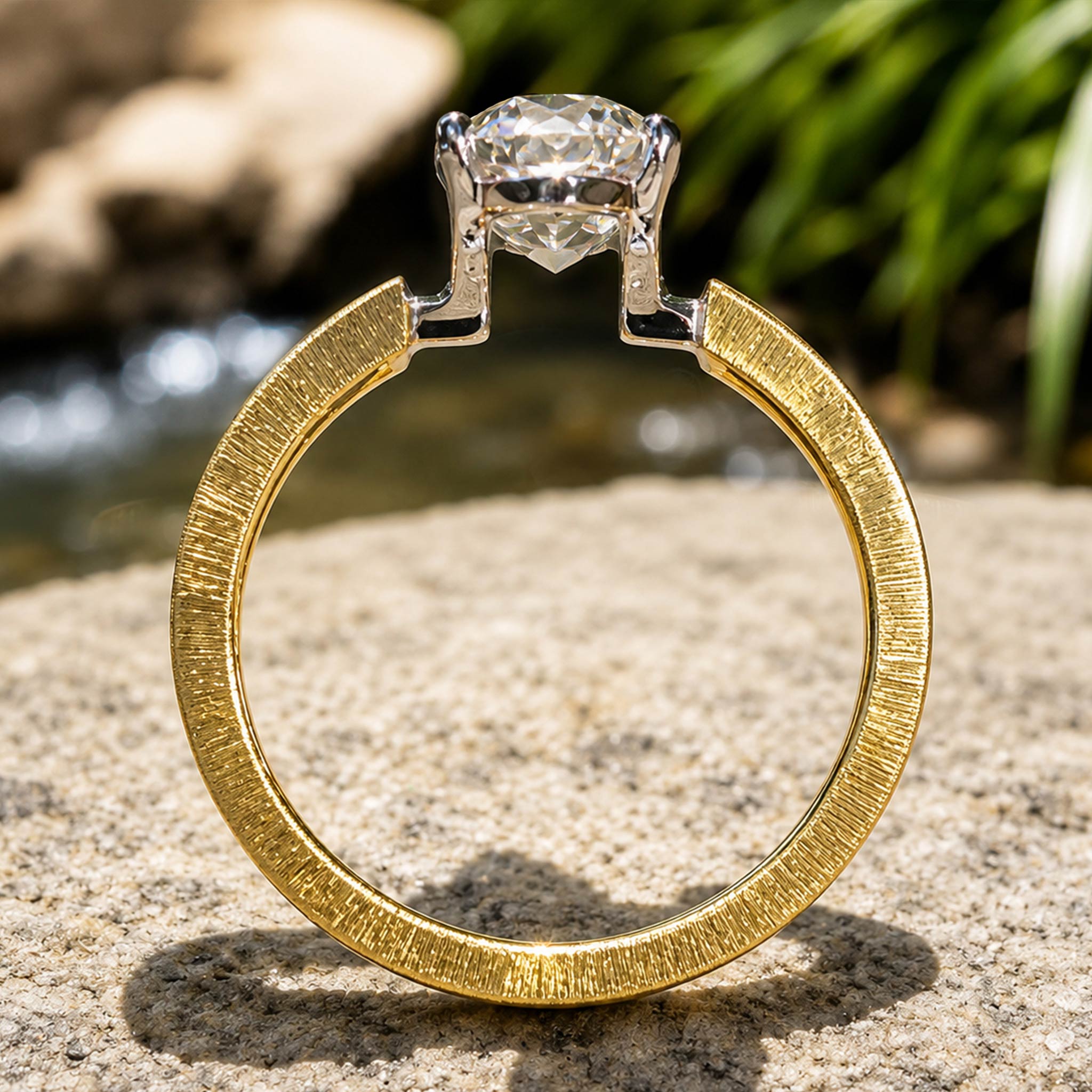 Solitaire Modern Design Oval Cut Moissanite Center Stone Hand Brushed Finish Engagement Ring #MCERM067