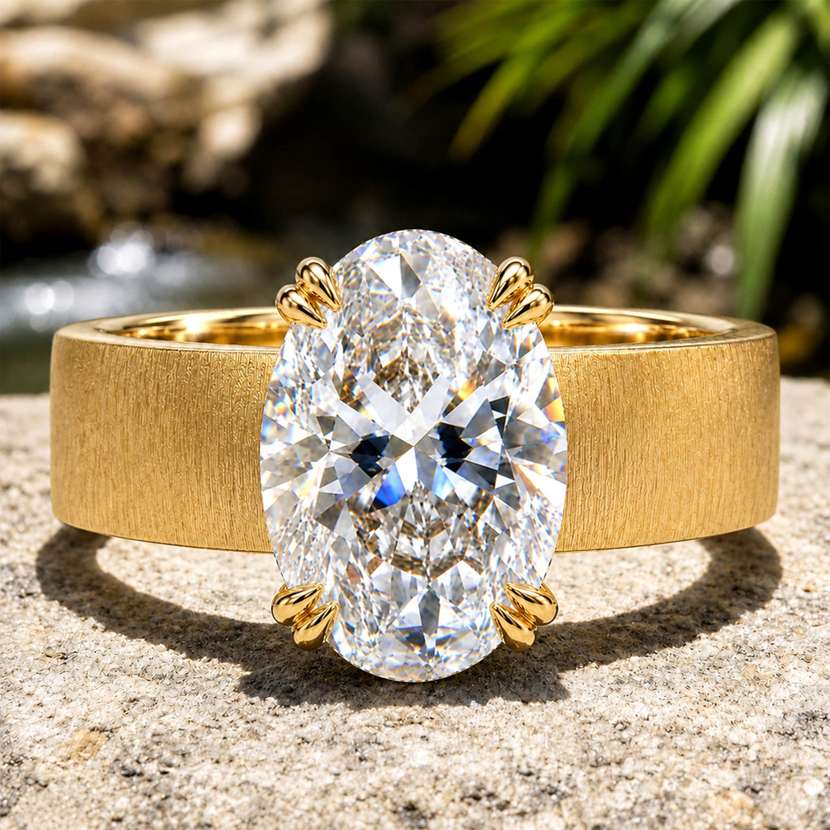 Solitaire Modern Design Oval Cut Moissanite Center Stone Hand Brushed Finish Engagement Ring #MCERM069