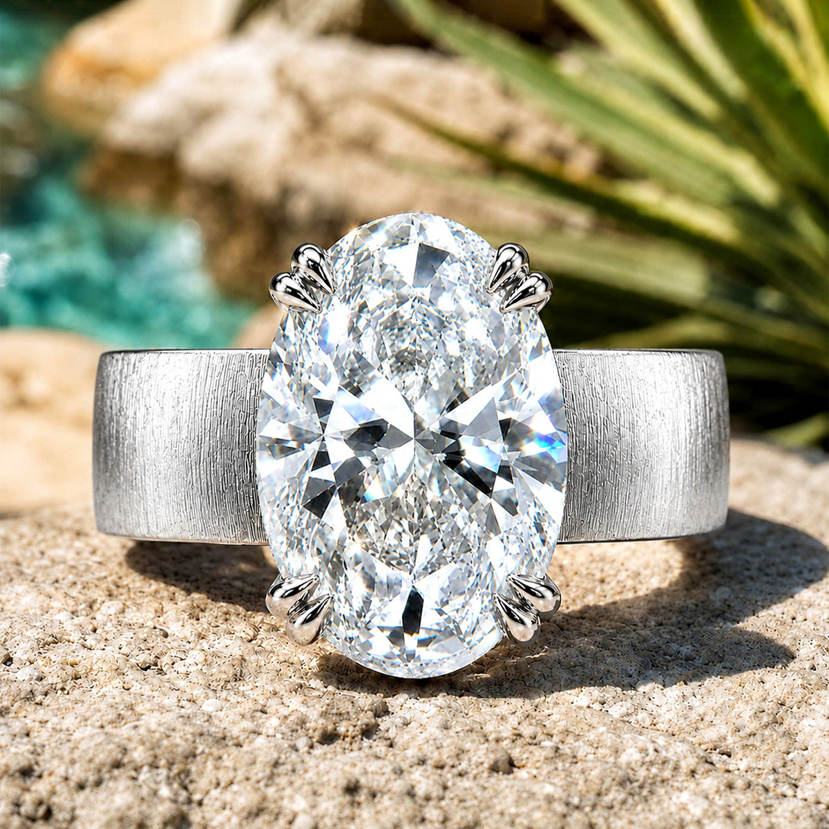 Solitaire Modern Design Oval Cut Moissanite Center Stone Hand Brushed Finish Engagement Ring #MCERM069