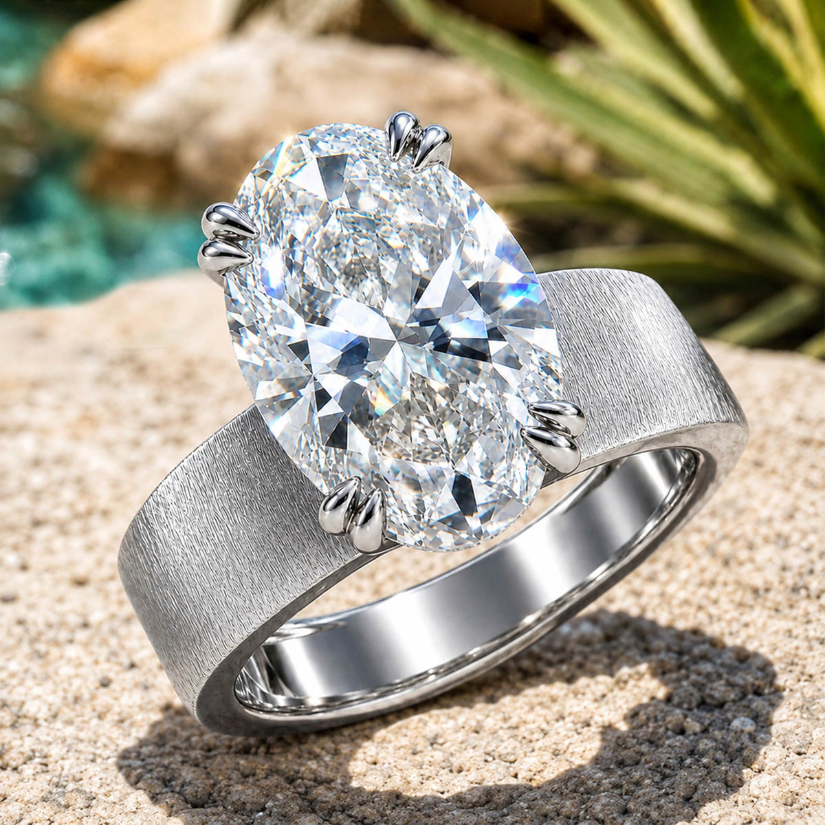 Solitaire Modern Design Oval Cut Moissanite Center Stone Hand Brushed Finish Engagement Ring #MCERM069