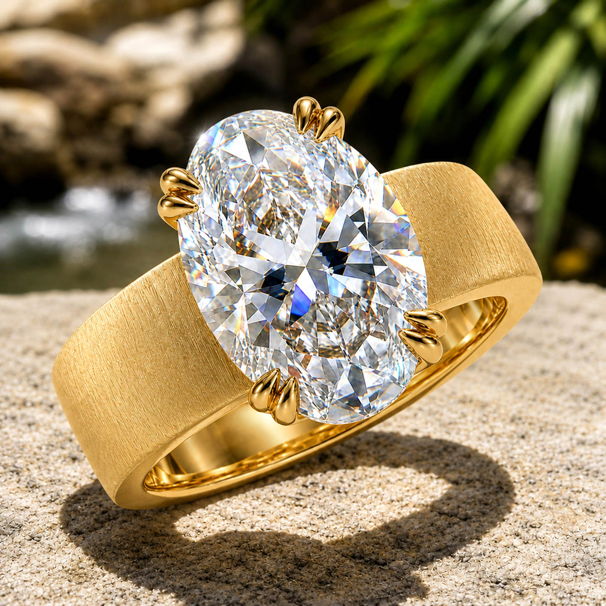 Solitaire Modern Design Oval Cut Moissanite Center Stone Hand Brushed Finish Engagement Ring #MCERM069