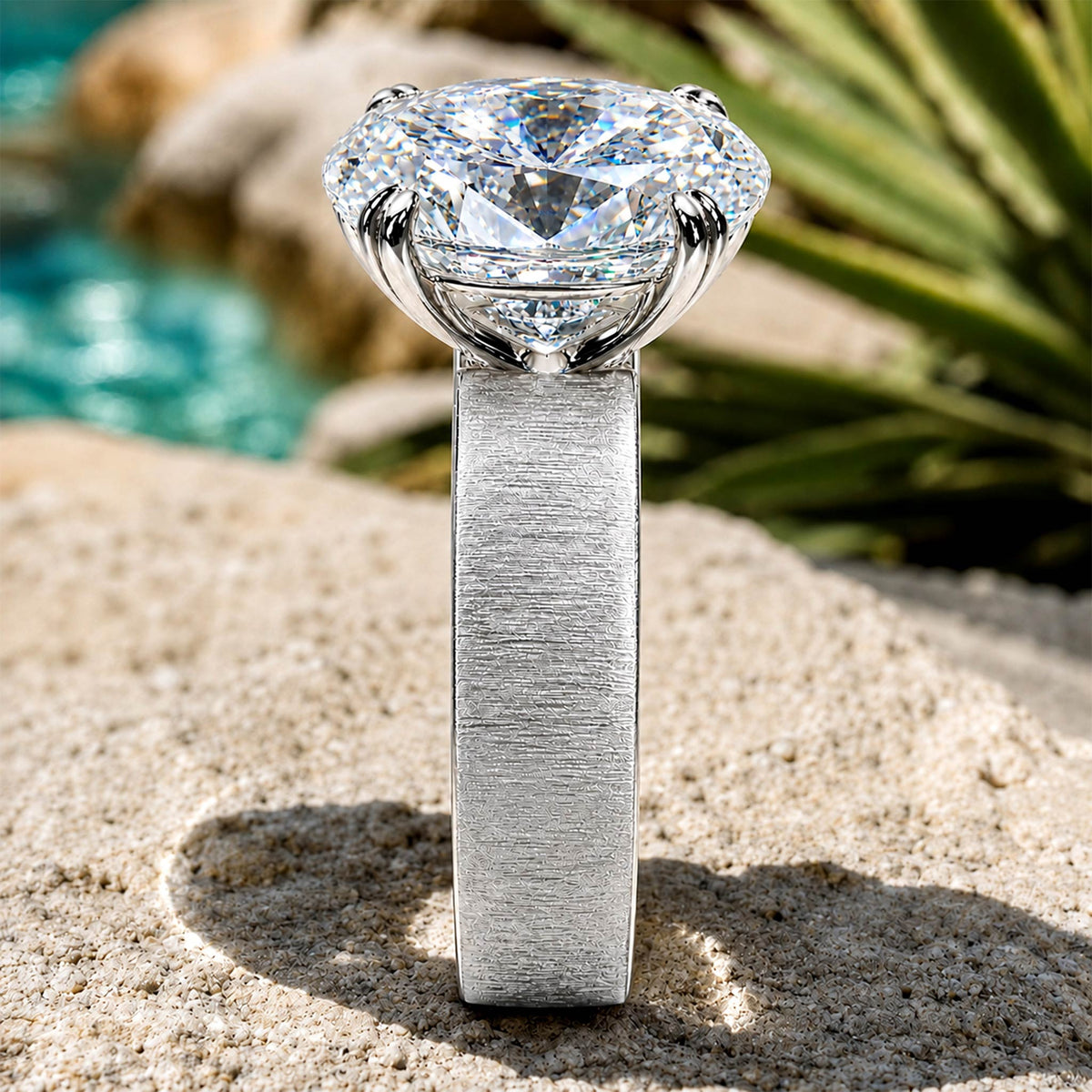 Solitaire Modern Design Oval Cut Moissanite Center Stone Hand Brushed Finish Engagement Ring #MCERM069