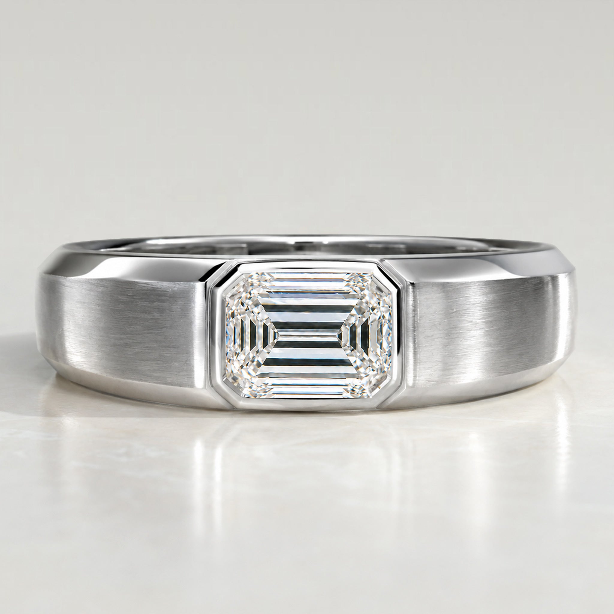 Minimalist Design Emerald Cut Lab Grown Diamond Center Stone Polished Men's Wedding Band #MCMBL0006