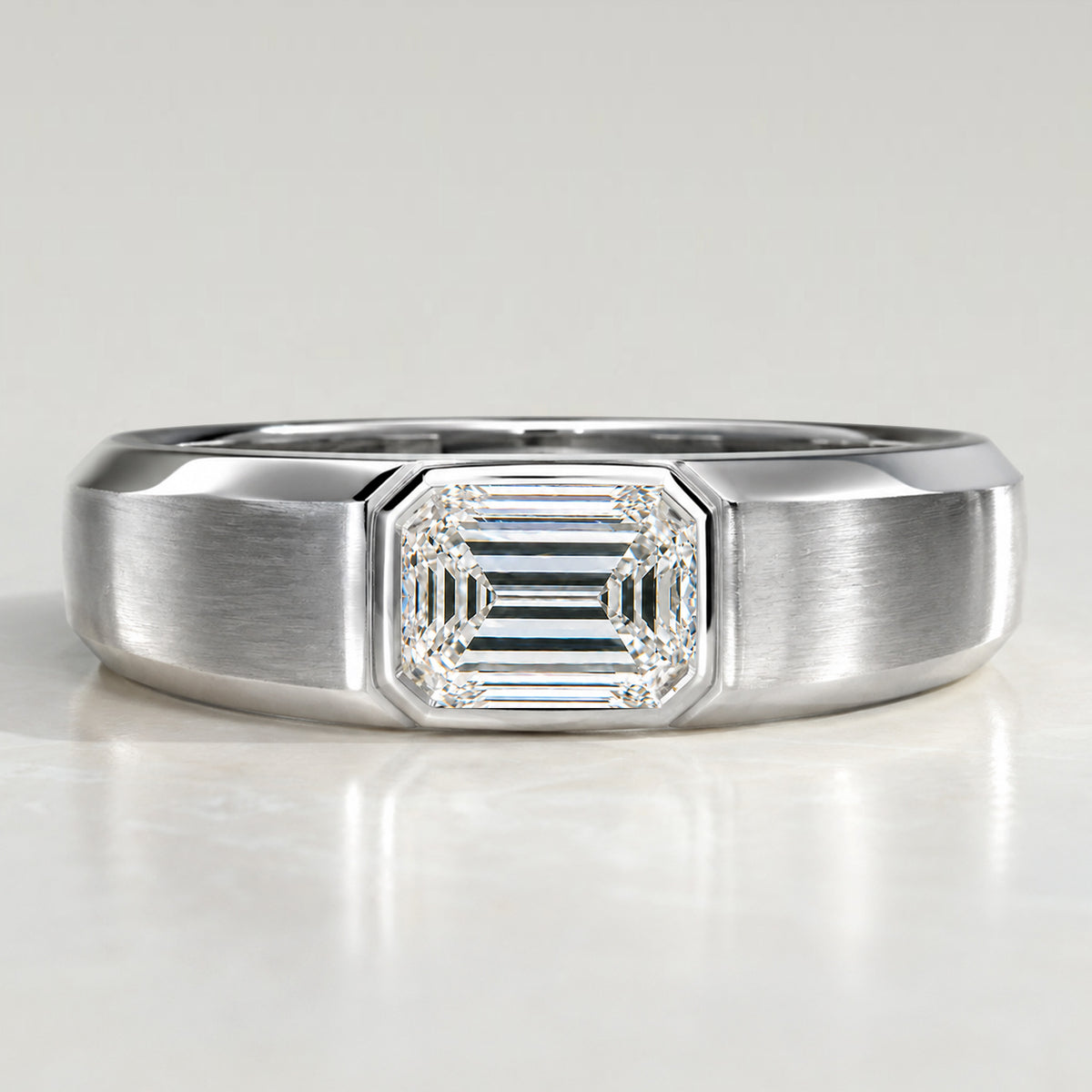 Minimalist Design Emerald Cut Lab Grown Diamond Center Stone Polished Men's Wedding Band #MCMBL0006