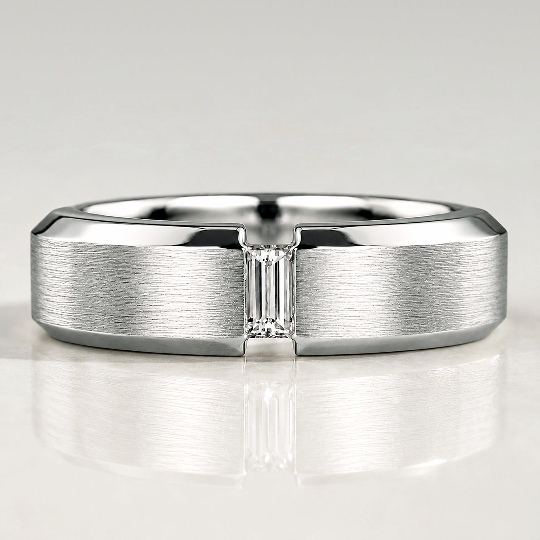 Minimalist Design Hand Brushed Finish Men's Wedding Band With Emerald Cut Lab Grown Diamond#MCMBL0008