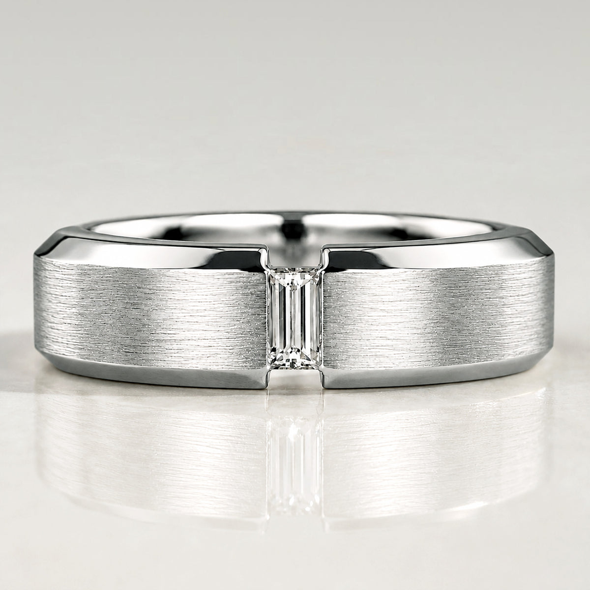 Minimalist Design Hand Brushed Finish Men's Wedding Band With Emerald Cut Lab Grown Diamond#MCMBL0008