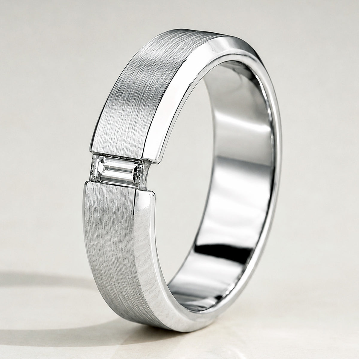 Minimalist Design Hand Brushed Finish Men's Wedding Band With Emerald Cut Lab Grown Diamond#MCMBL0008