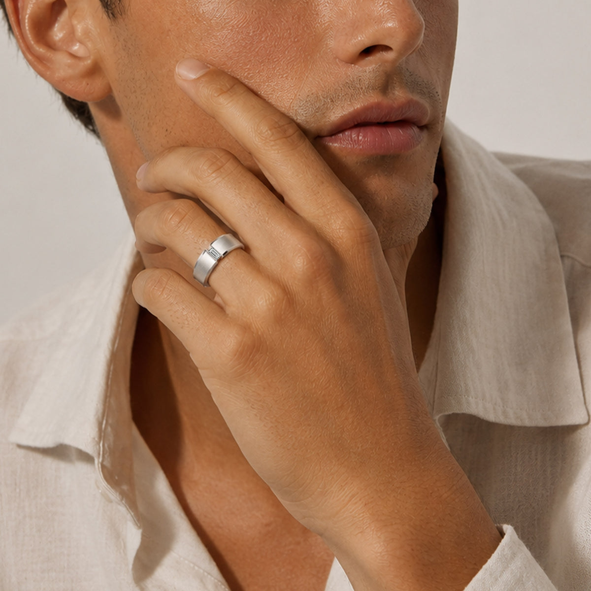 Minimalist Design Hand Brushed Finish Men's Wedding Band With Emerald Cut Lab Grown Diamond#MCMBL0008