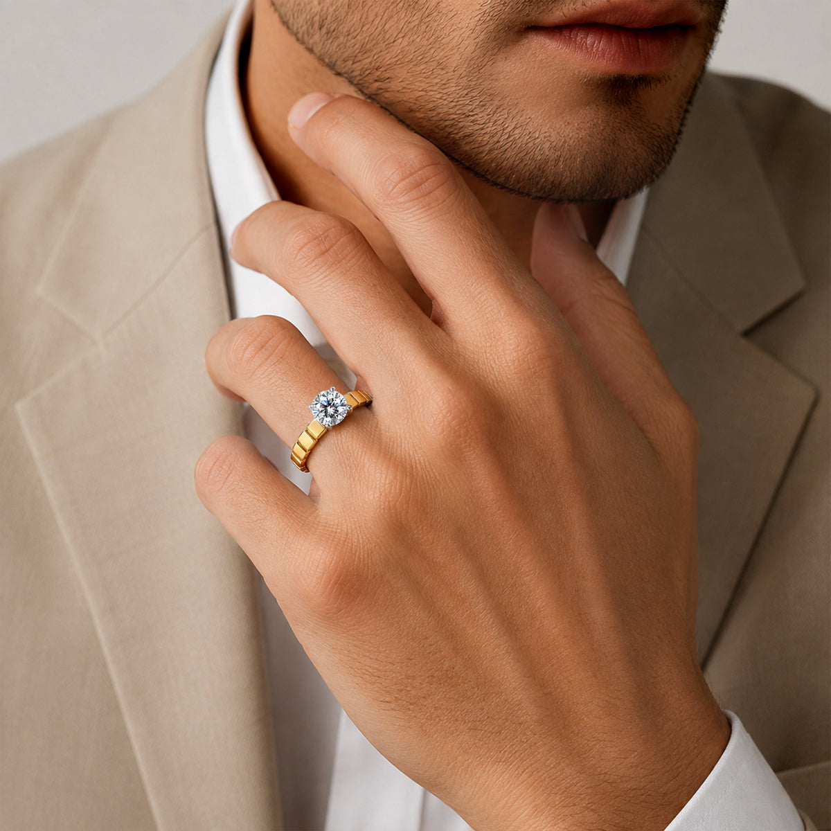 Classic Round Cut Lab Grown Diamond Center Stone Polish Two Color Men's Wedding Band #MCMBL0016
