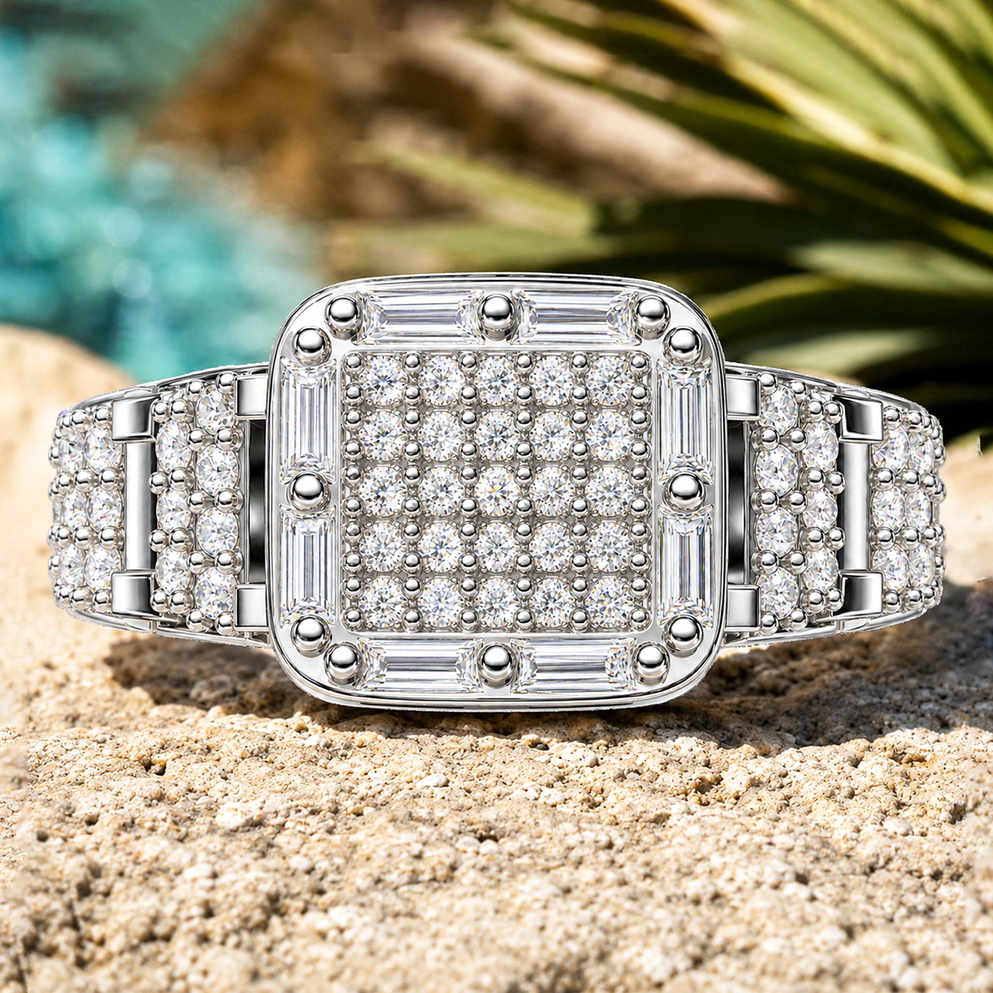 Modern Design Round Cut And Baguette Cut Moissanite Cathedral Basket Pave Hollow Out Shank Men Wedding Band#MCMBM0002