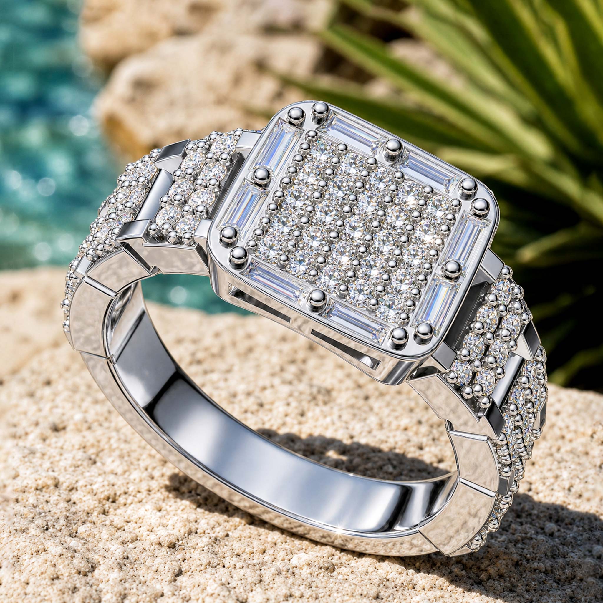 Modern Design Round Cut And Baguette Cut Moissanite Cathedral Basket Pave Hollow Out Shank Men Wedding Band#MCMBM0002
