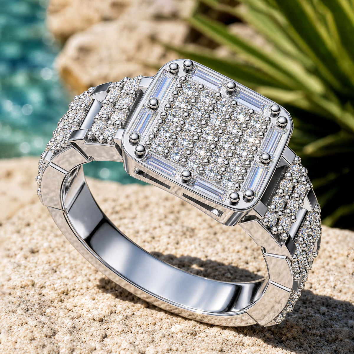 Modern Design Round Cut And Baguette Cut Moissanite Cathedral Basket Pave Hollow Out Shank Men Wedding Band#MCMBM0002