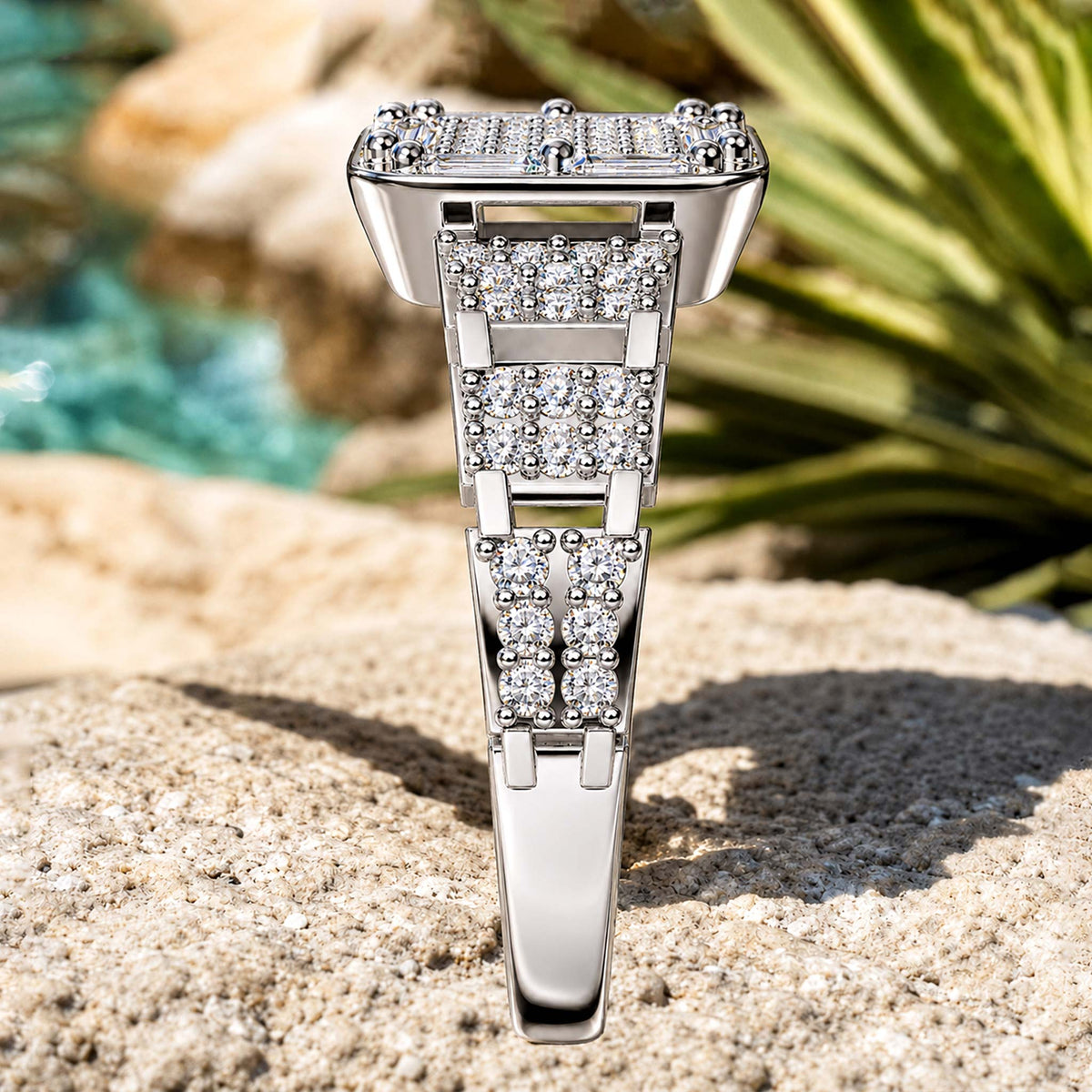 Modern Design Round Cut And Baguette Cut Moissanite Cathedral Basket Pave Hollow Out Shank Men Wedding Band#MCMBM0002