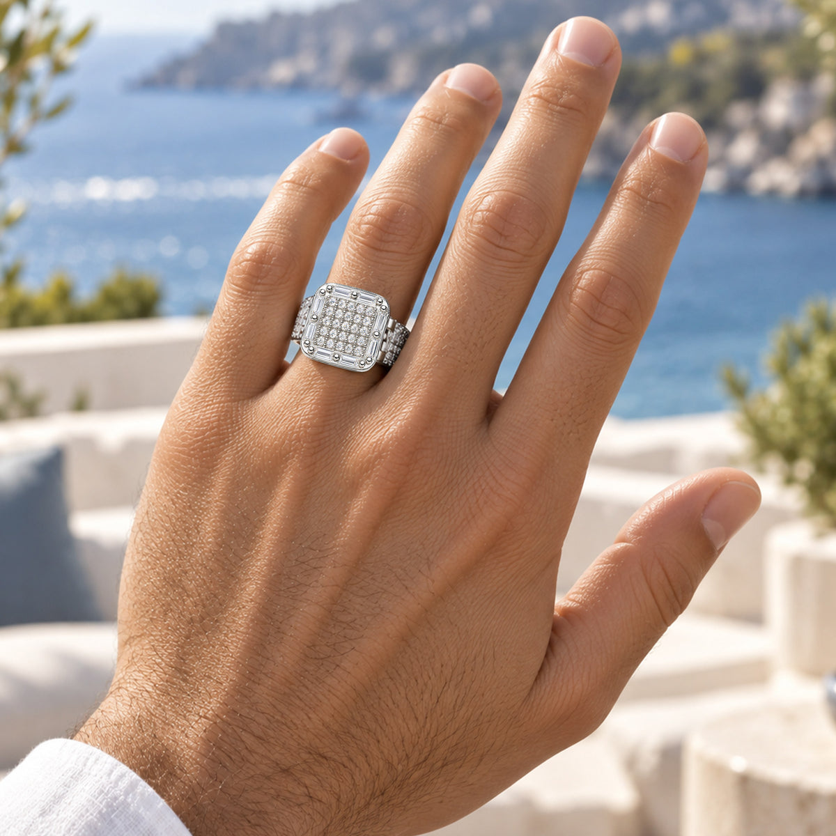Modern Design Round Cut And Baguette Cut Moissanite Cathedral Basket Pave Hollow Out Shank Men Wedding Band#MCMBM0002