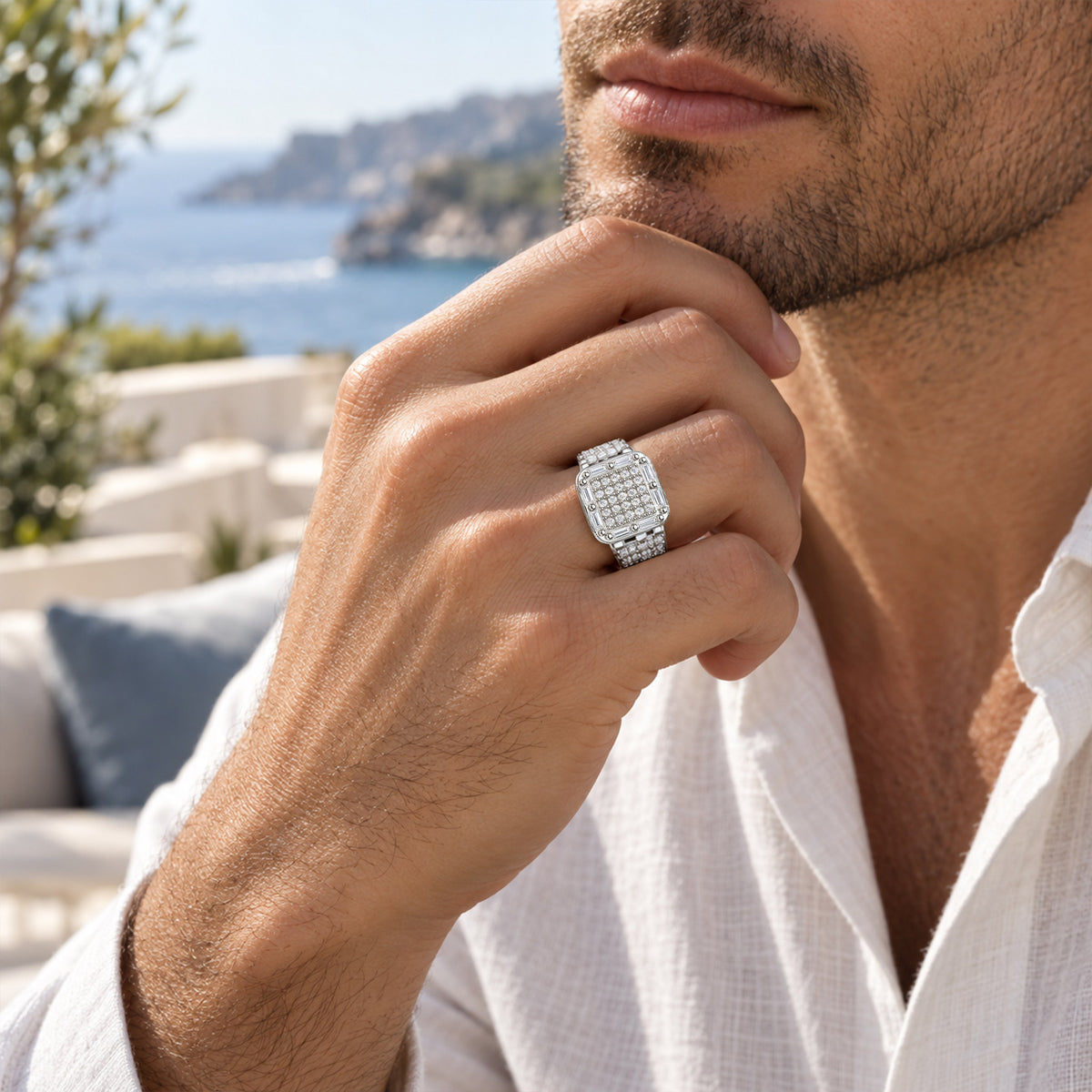Modern Design Round Cut And Baguette Cut Moissanite Cathedral Basket Pave Hollow Out Shank Men Wedding Band#MCMBM0002