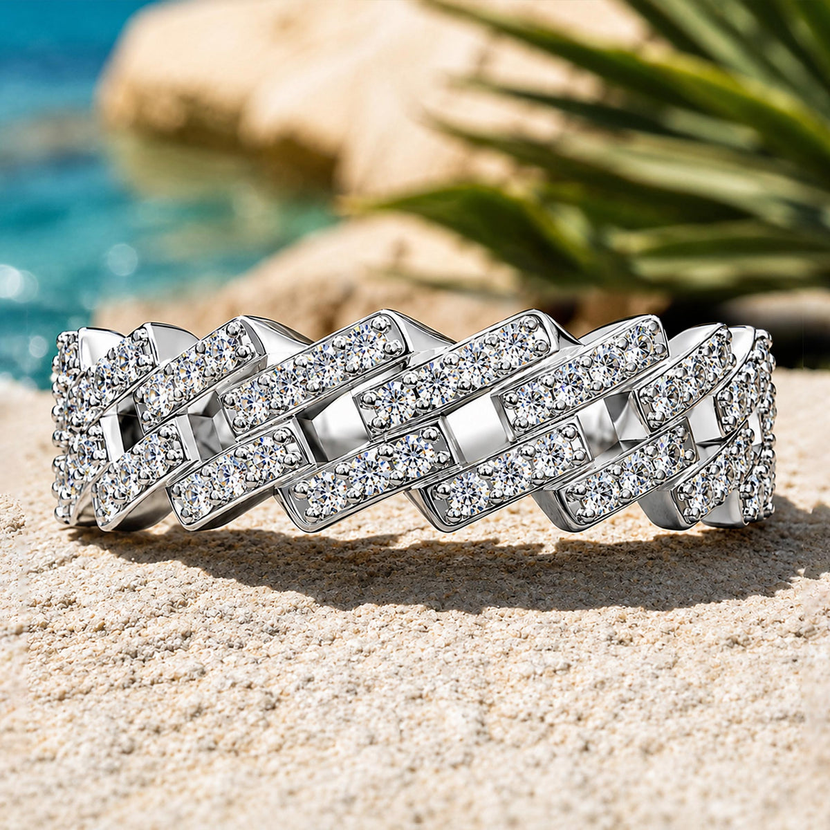 Modern Design Pave Cuban Men Wedding Band With Round Cut Accent Moissanite #MCMBM0004