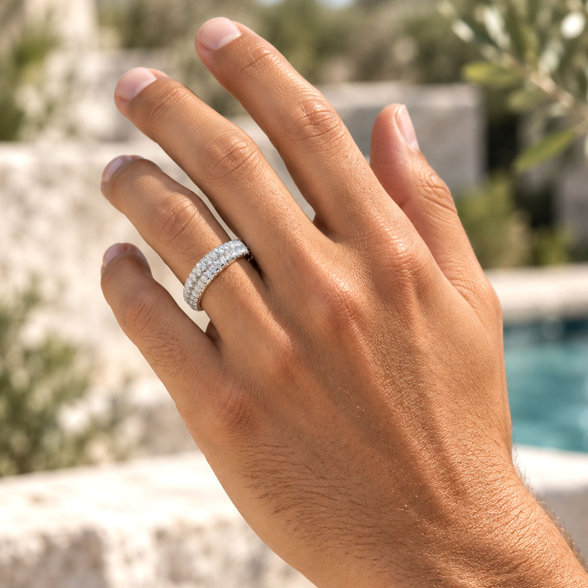Art Deco Design Moissanite Pave Men Wedding Band With Round Cut Accent Moissanites#MCMBM0005