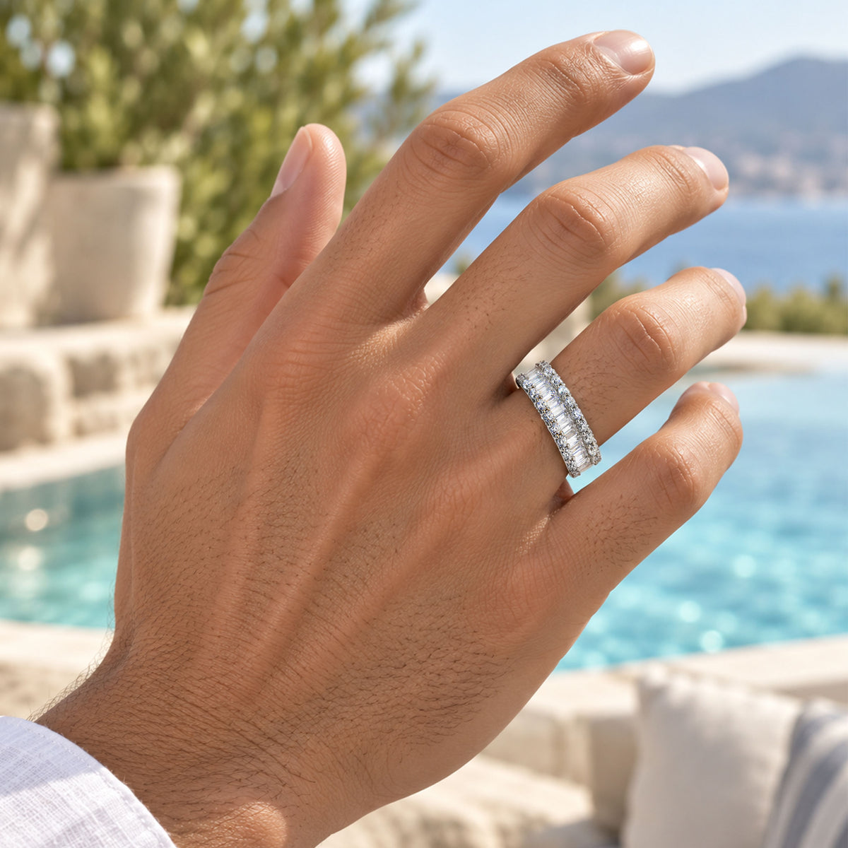 Art Deco Design Moissanite Pave Shank Men Wedding Band With Baguette Cut #MCMBM0007