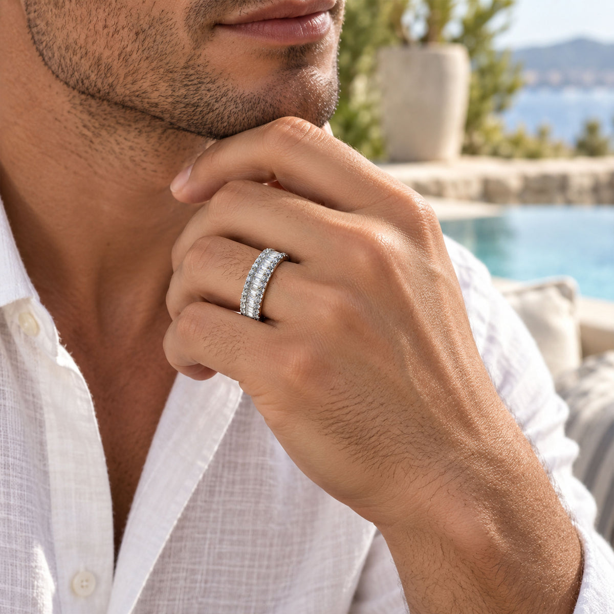 Art Deco Design Moissanite Pave Shank Men Wedding Band With Baguette Cut #MCMBM0007