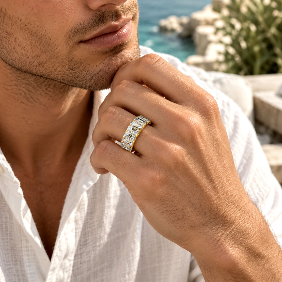 Art Deco Modern Design Emerald Cut Moissanite Pave Men Wedding Band#MCMBM0008