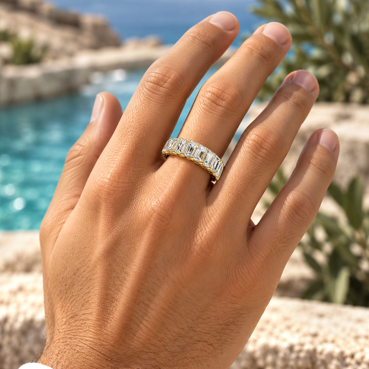 Art Deco Modern Design Emerald Cut Moissanite Pave Men Wedding Band#MCMBM0008