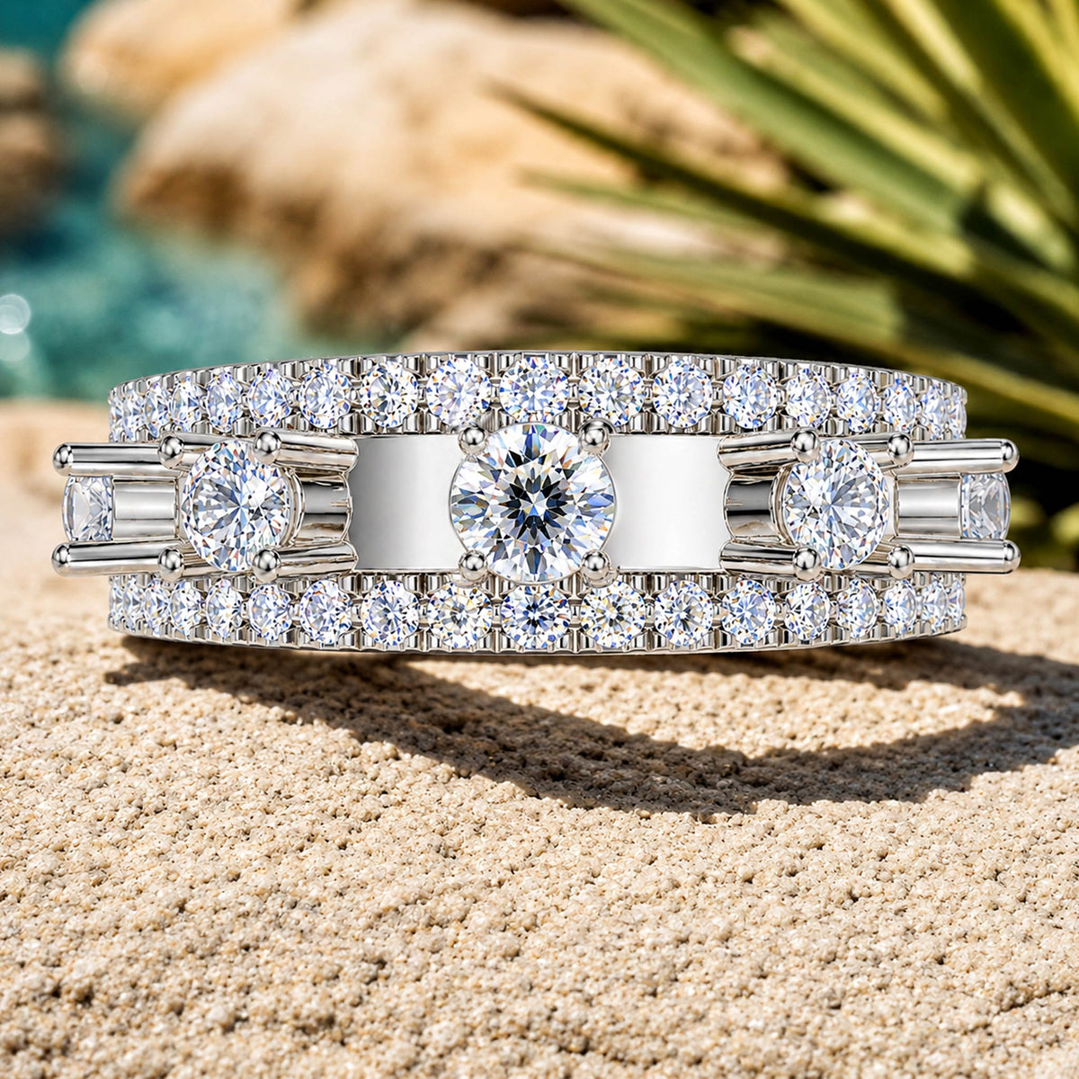 Art Deco Design Moissanite Pave Open Shank Men Wedding Band With Round Cut Accent Stones #MCMBM0010