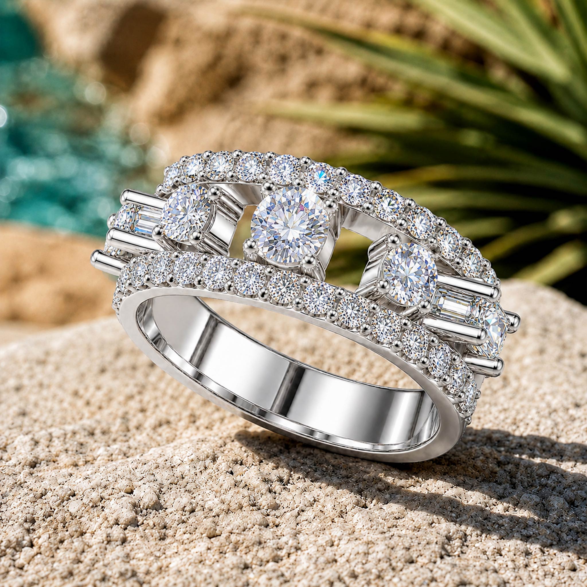 Art Deco Design Moissanite Pave Open Shank Men Wedding Band With Round Cut Accent Stones #MCMBM0010