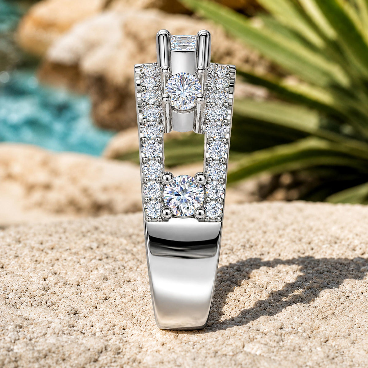 Art Deco Design Moissanite Pave Open Shank Men Wedding Band With Round Cut Accent Stones #MCMBM0010