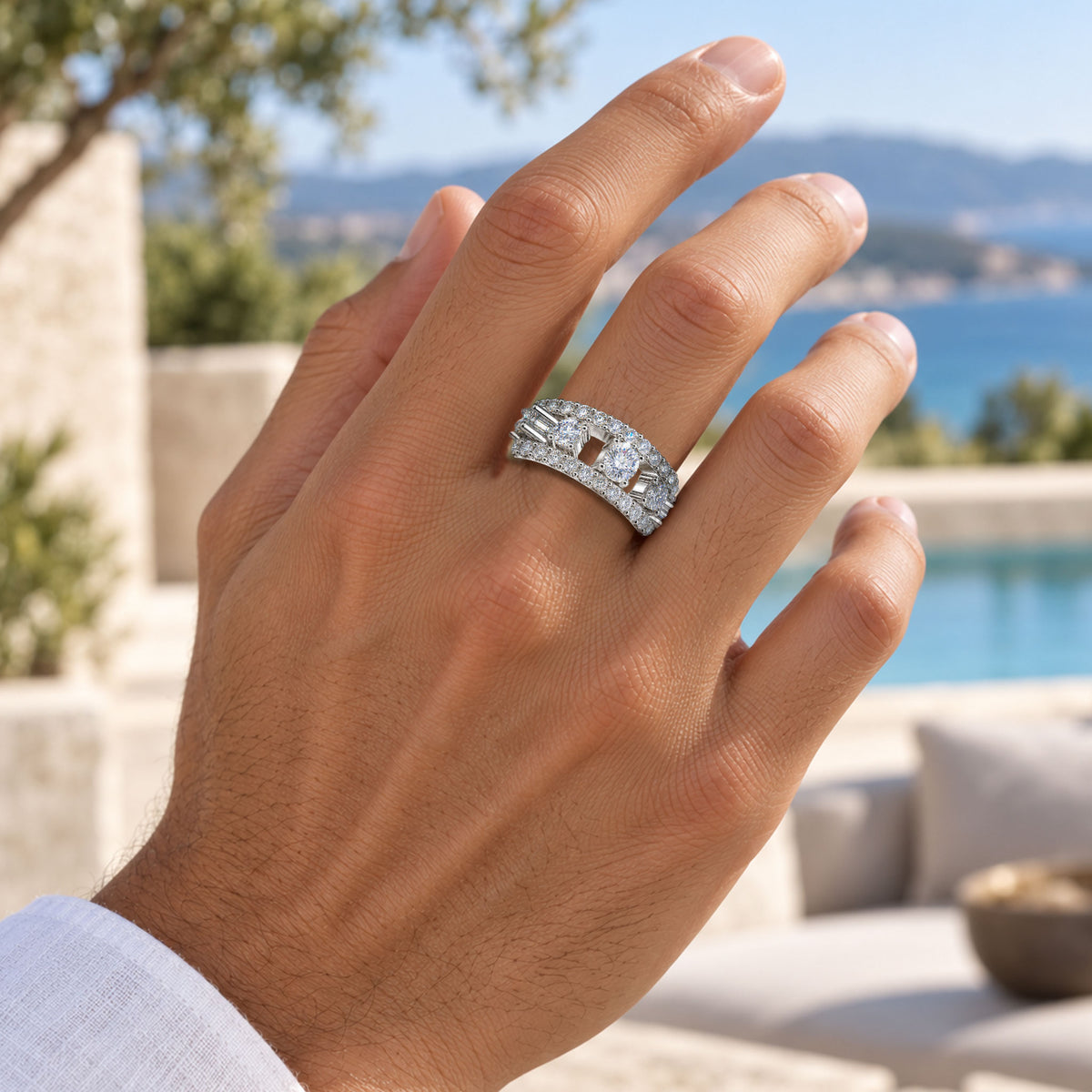 Art Deco Design Moissanite Pave Open Shank Men Wedding Band With Round Cut Accent Stones #MCMBM0010