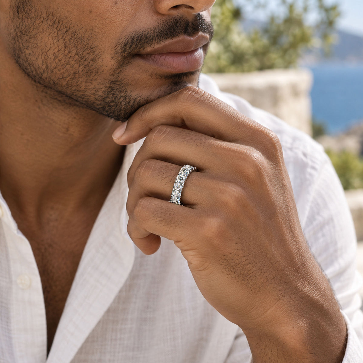 Modern Design Round Cut Moissanite Trellis Basket Pave Men's Wedding Band #MCMBM0011