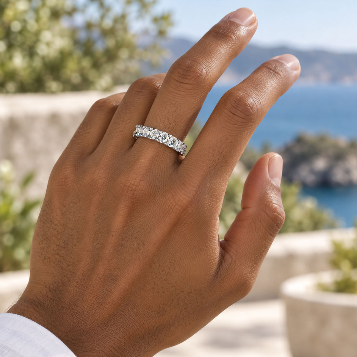 Modern Design Round Cut Moissanite Trellis Basket Pave Men's Wedding Band #MCMBM0011
