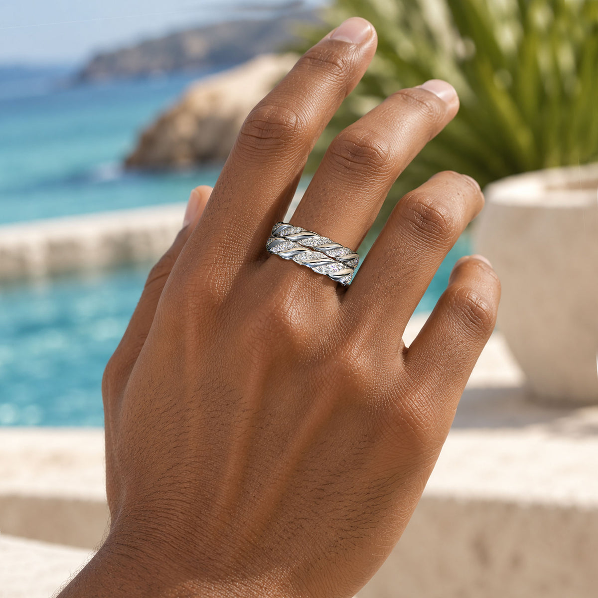 Modern Open Shank Men Wedding Band With Moissanite Round Cut Accent Diamonds #MCMBM0012