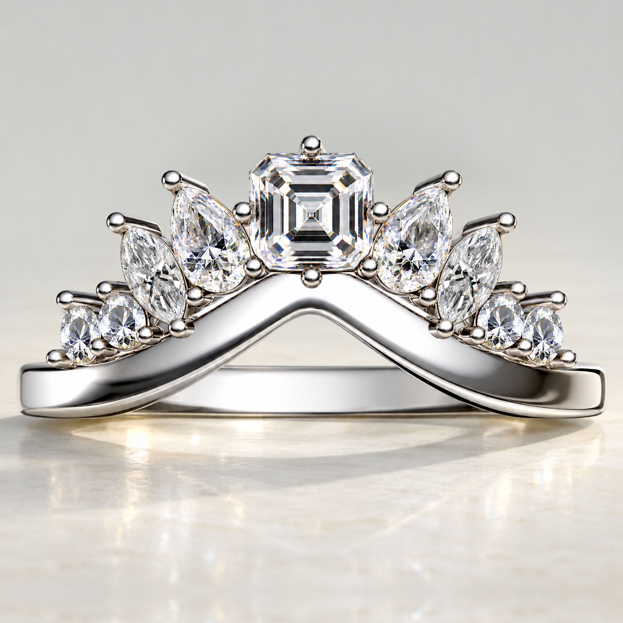 Tiara Design Asscher Cut Lab Grown Diamond V Shaped Women Wedding Band #MCWBL0075