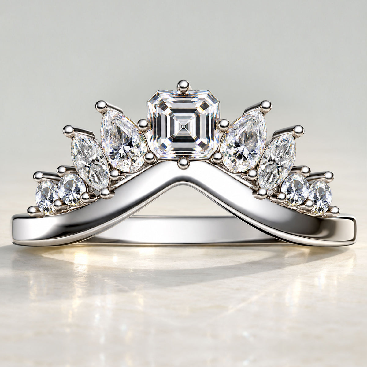 Tiara Design Asscher Cut Lab Grown Diamond V Shaped Women Wedding Band #MCWBL0075