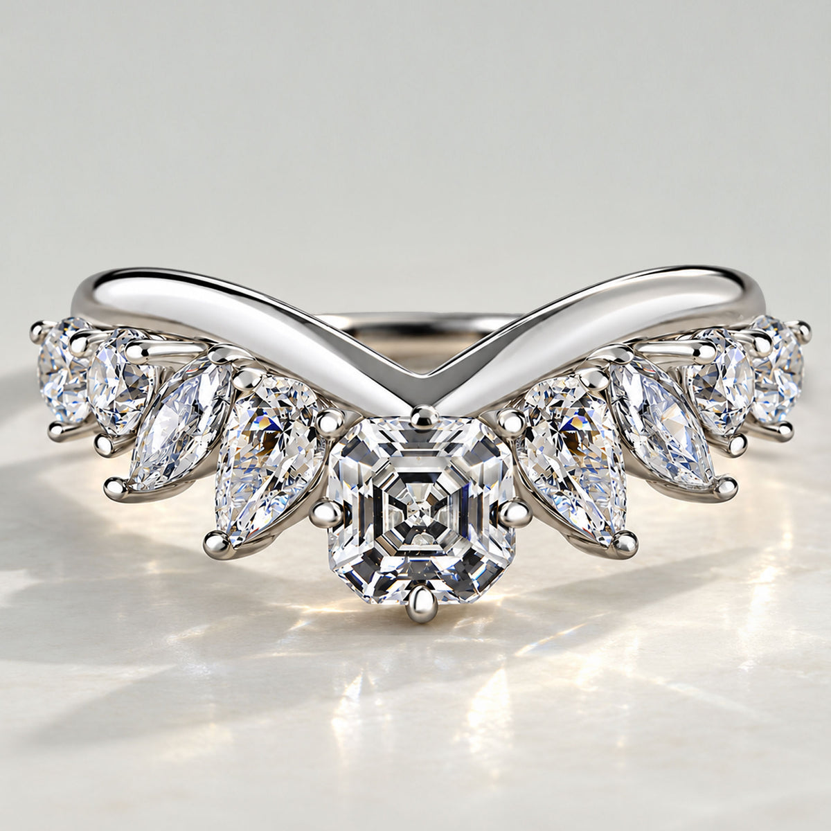 Tiara Design Asscher Cut Lab Grown Diamond V Shaped Women Wedding Band #MCWBL0075
