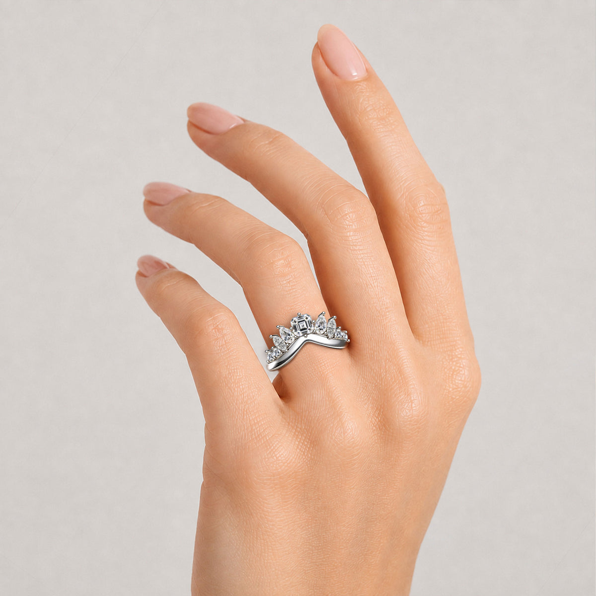 Tiara Design Asscher Cut Lab Grown Diamond V Shaped Women Wedding Band #MCWBL0075