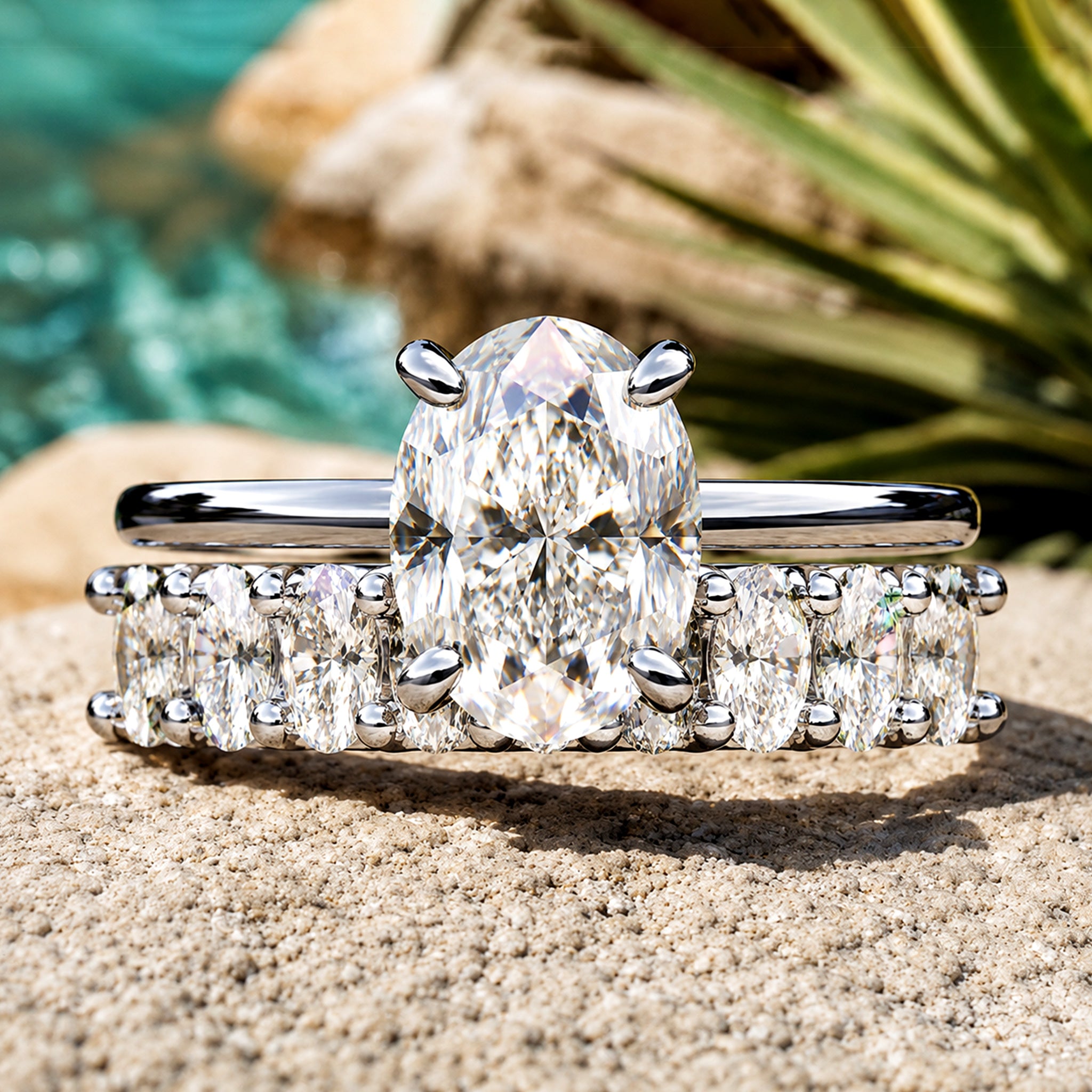 Hidden Halo Modern Design Oval Cut Moissanite Bridal Set With Oval Cut Accent Stones #MCBSM0032